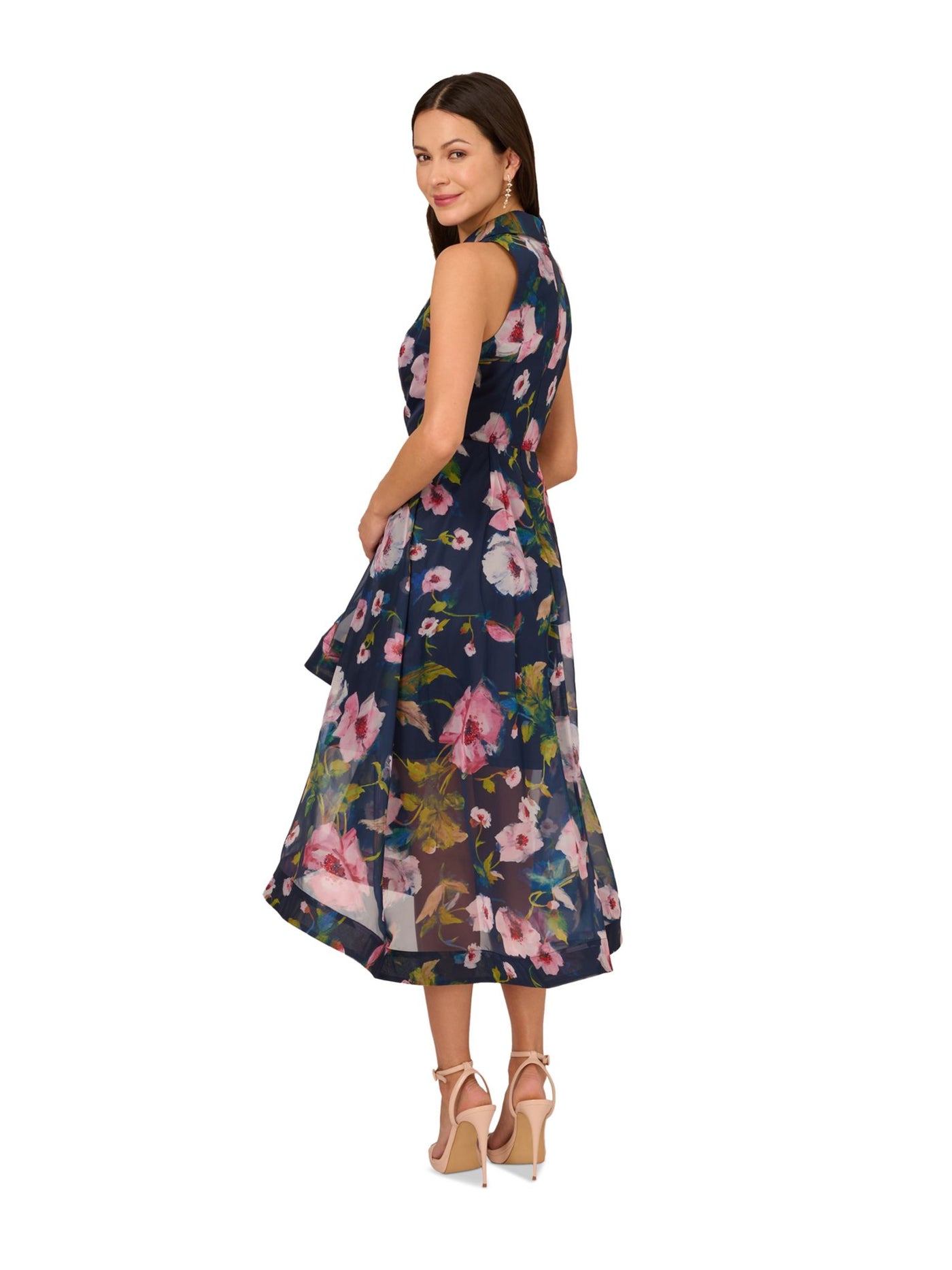 ADRIANNA PAPELL Womens Navy Zippered Lined Ruffled Front Hi-lo Hem Floral Sleeveless Surplice Neckline Midi Party Fit + Flare Dress 14
