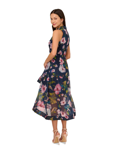 ADRIANNA PAPELL Womens Navy Zippered Lined Ruffled Front Hi-lo Hem Floral Sleeveless Surplice Neckline Midi Party Fit + Flare Dress 14