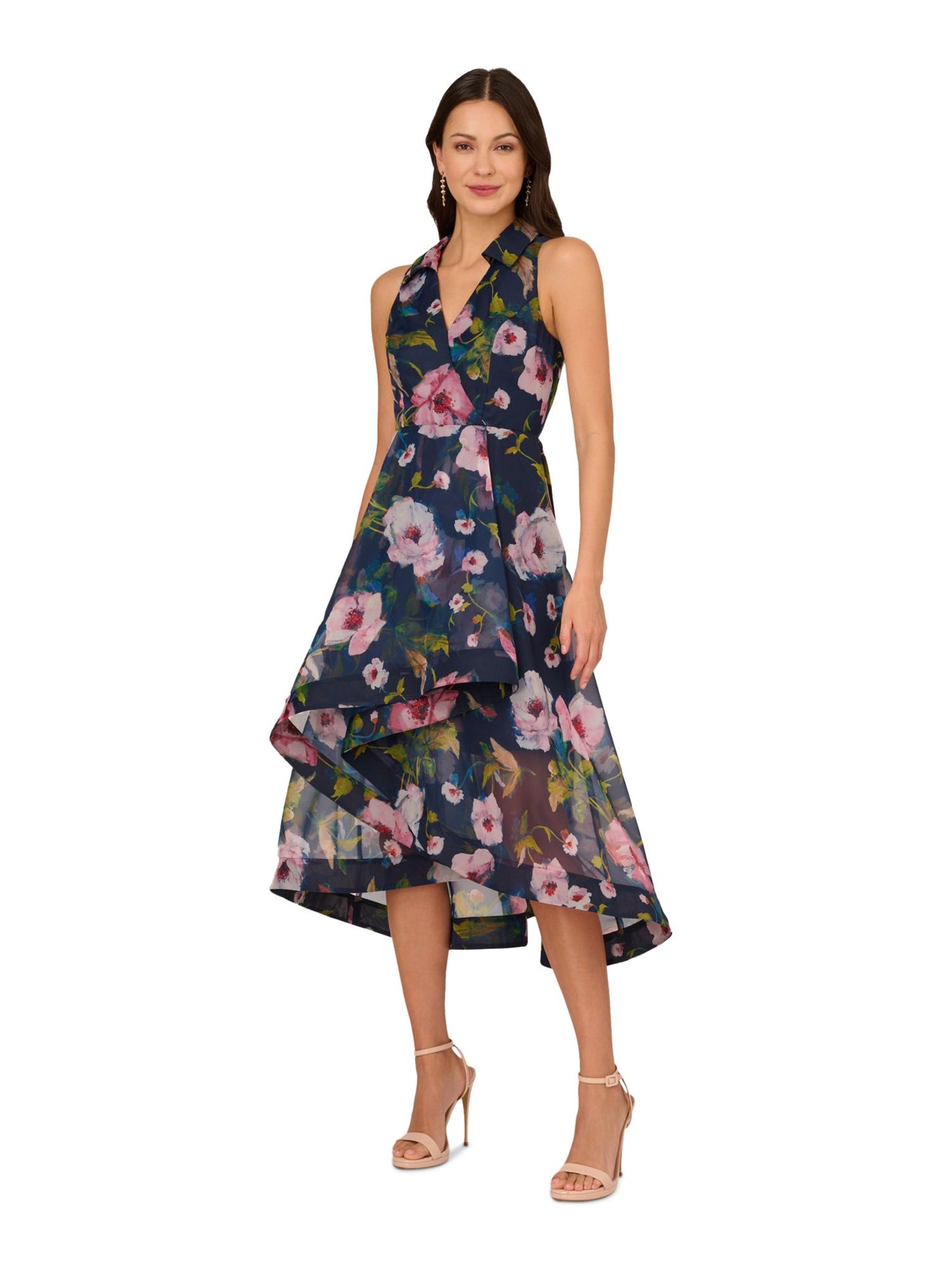 ADRIANNA PAPELL Womens Navy Zippered Lined Ruffled Front Hi-lo Hem Floral Sleeveless Surplice Neckline Midi Party Fit + Flare Dress 14