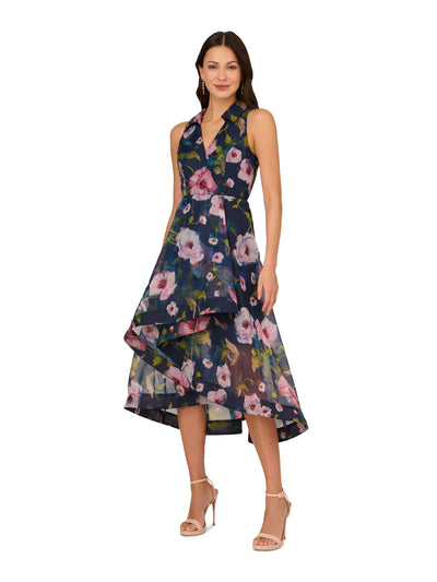 ADRIANNA PAPELL Womens Navy Zippered Lined Ruffled Front Hi-lo Hem Floral Sleeveless Surplice Neckline Midi Party Fit + Flare Dress 14