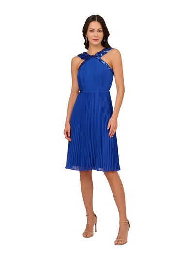 ADRIANNA PAPELL Womens Blue Pleated Zippered Lined Sleeveless Halter Above The Knee Party Fit + Flare Dress 10