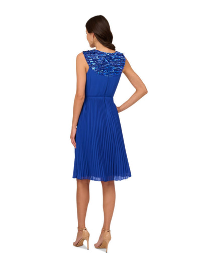 ADRIANNA PAPELL Womens Blue Pleated Zippered Lined Sleeveless Halter Above The Knee Cocktail Fit + Flare Dress 16