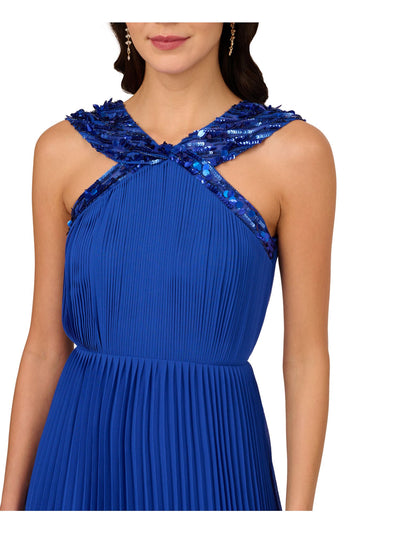 ADRIANNA PAPELL Womens Blue Pleated Zippered Lined Sleeveless Halter Above The Knee Party Fit + Flare Dress 14