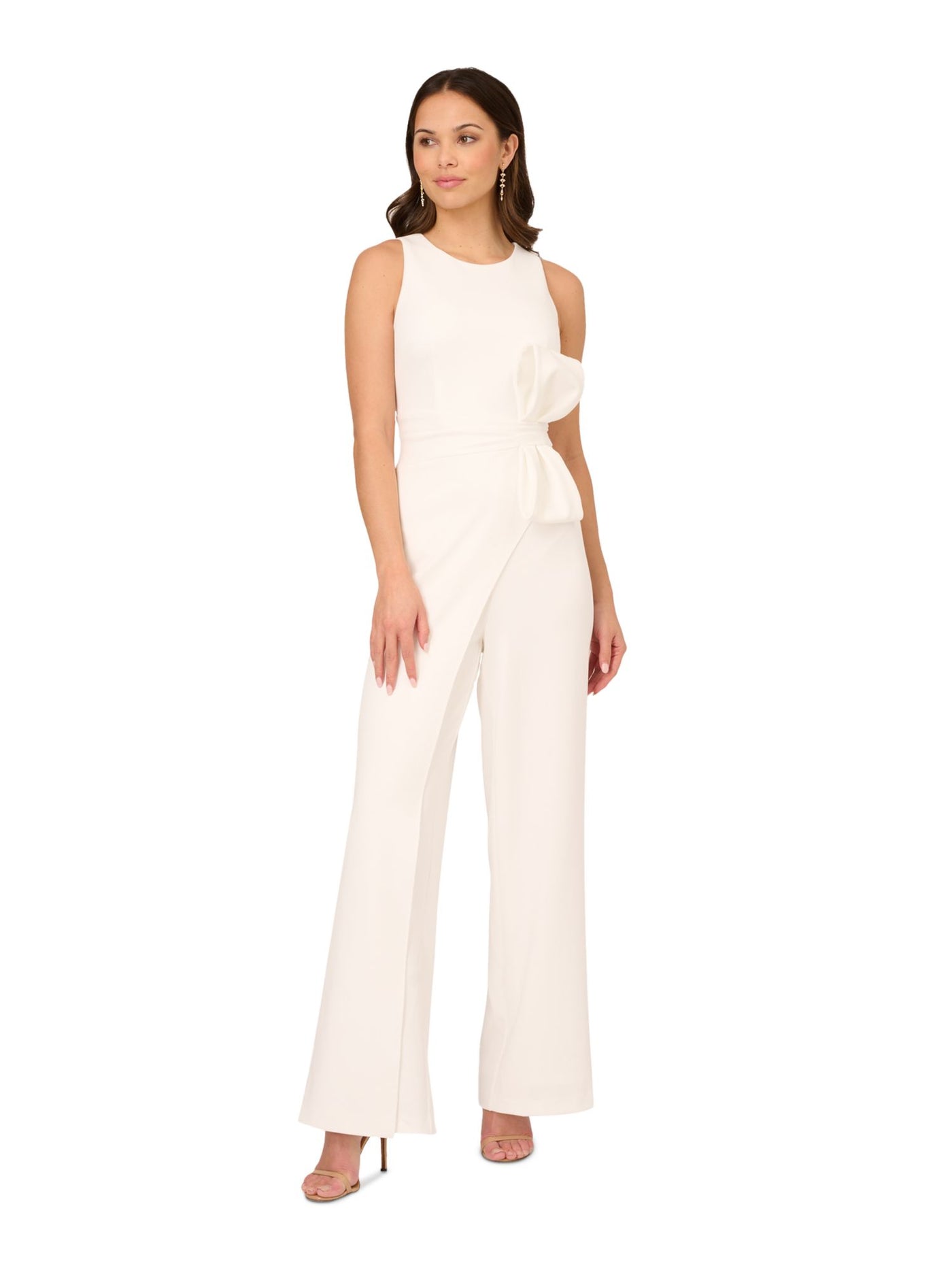 ADRIANNA PAPELL Womens Ivory Zippered Bow Waist Overlay Across Leg Sleeveless Round Neck Party Wide Leg Jumpsuit 6