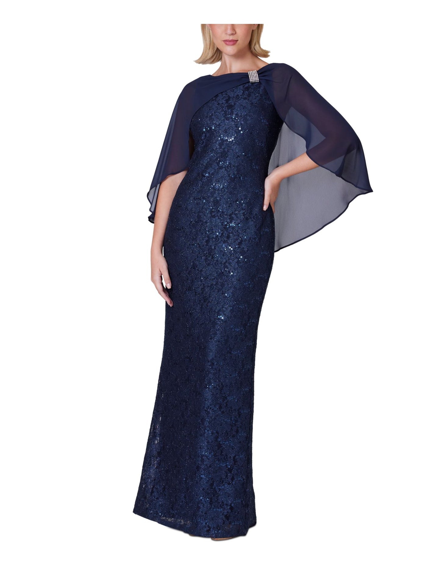 JESSICA HOWARD Womens Navy Zippered Embellished Sheer Capelet Back Slit Lined Flutter Sleeve Boat Neck Full-Length Evening Gown Dress Petites 10P