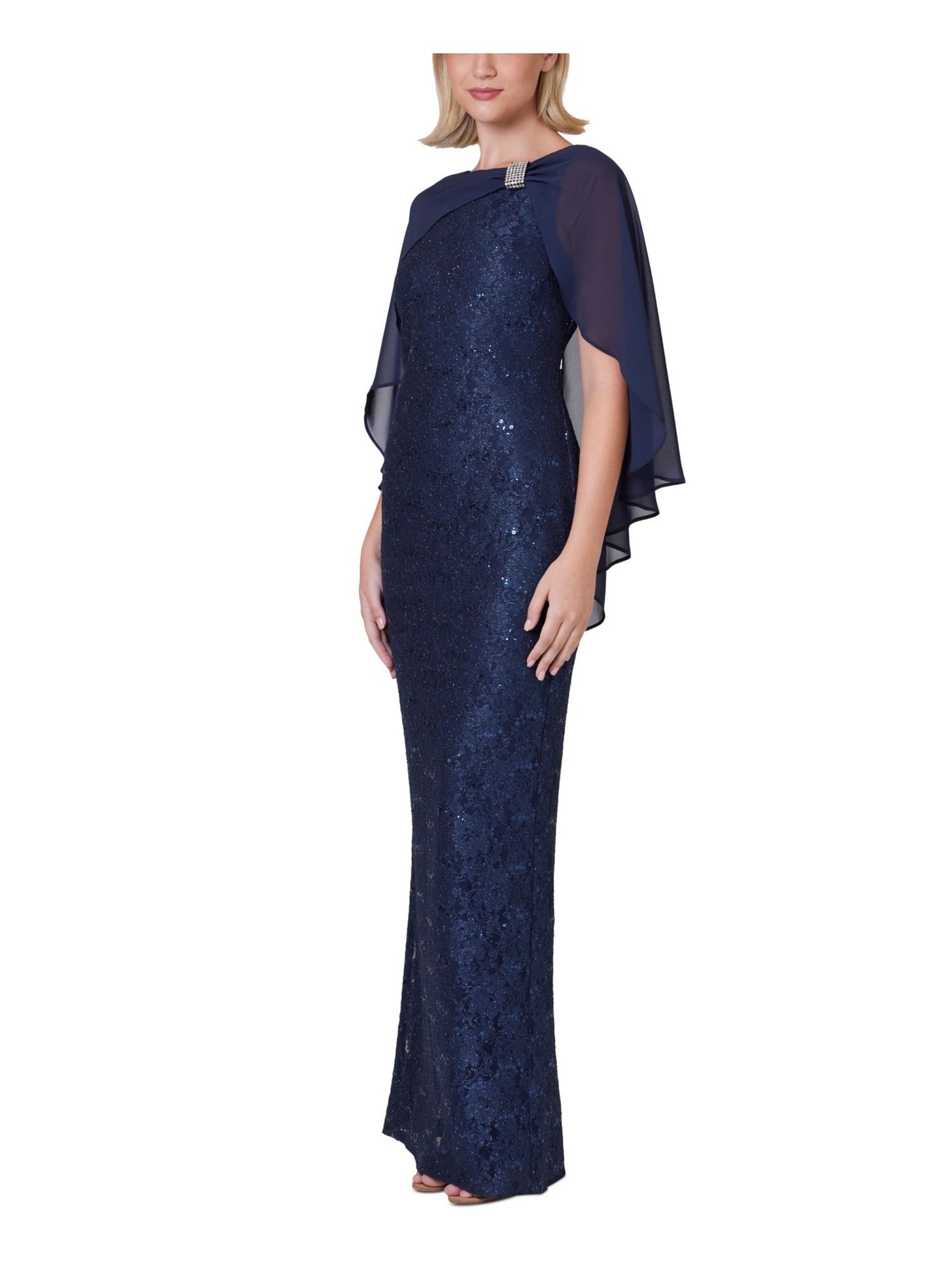 JESSICA HOWARD Womens Navy Zippered Embellished Sheer Capelet Back Slit Lined Flutter Sleeve Boat Neck Full-Length Evening Gown Dress Petites 6P