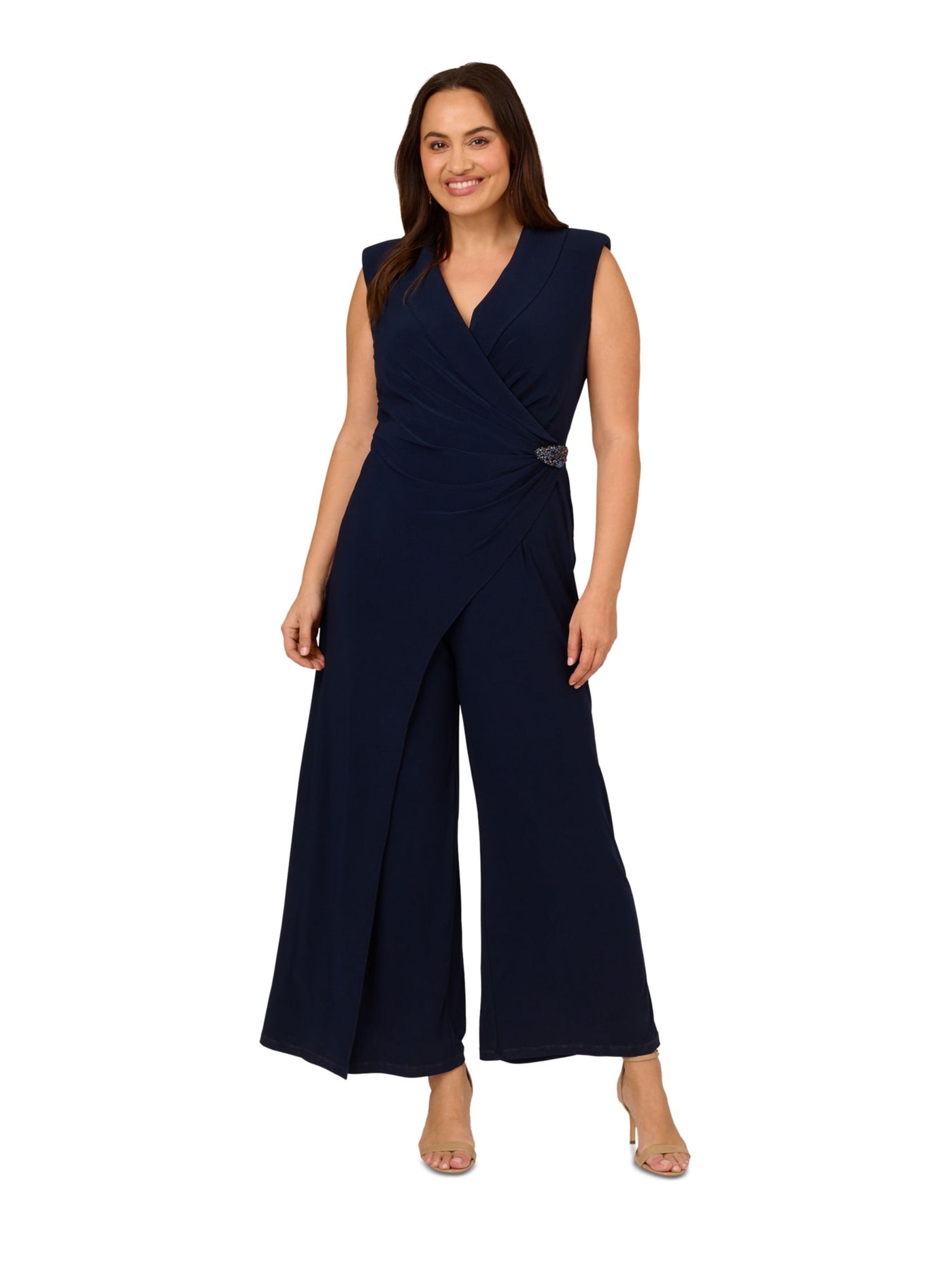 ADRIANNA PAPELL Womens Navy Zippered Pleated Embellished Asymmetric Overlay Sleeveless Surplice Neckline Wide Leg Jumpsuit Plus 20W