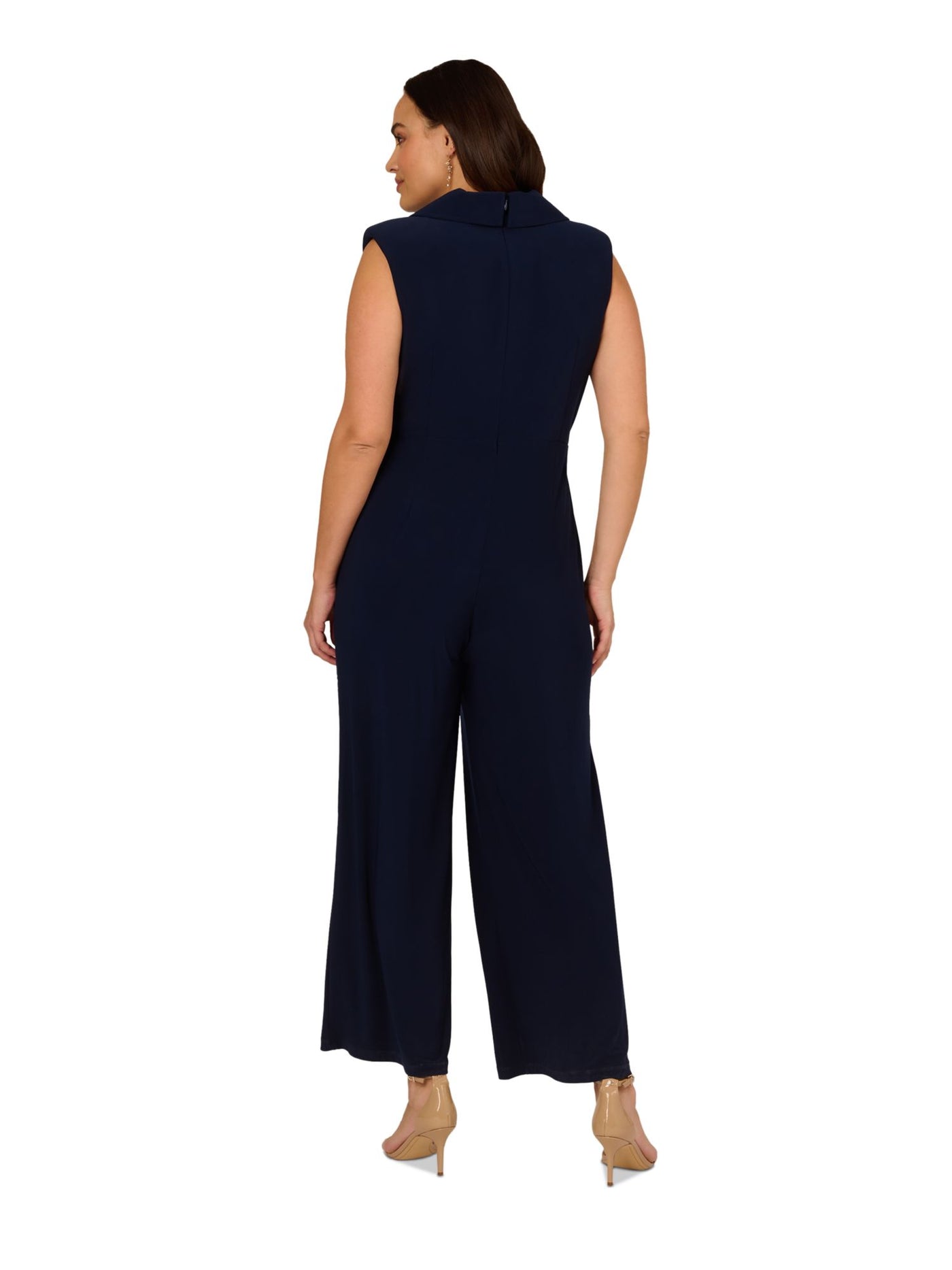 ADRIANNA PAPELL Womens Navy Zippered Pleated Embellished Asymmetric Overlay Sleeveless Surplice Neckline Wide Leg Jumpsuit Plus 20W