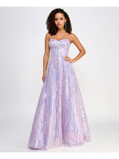 SAY YES TO THE PROM Womens Purple Sequined Zippered Lined Corset Bodice Glitter Spaghetti Strap Sweetheart Neckline Full-Length Formal Gown Dress Juniors 1\2