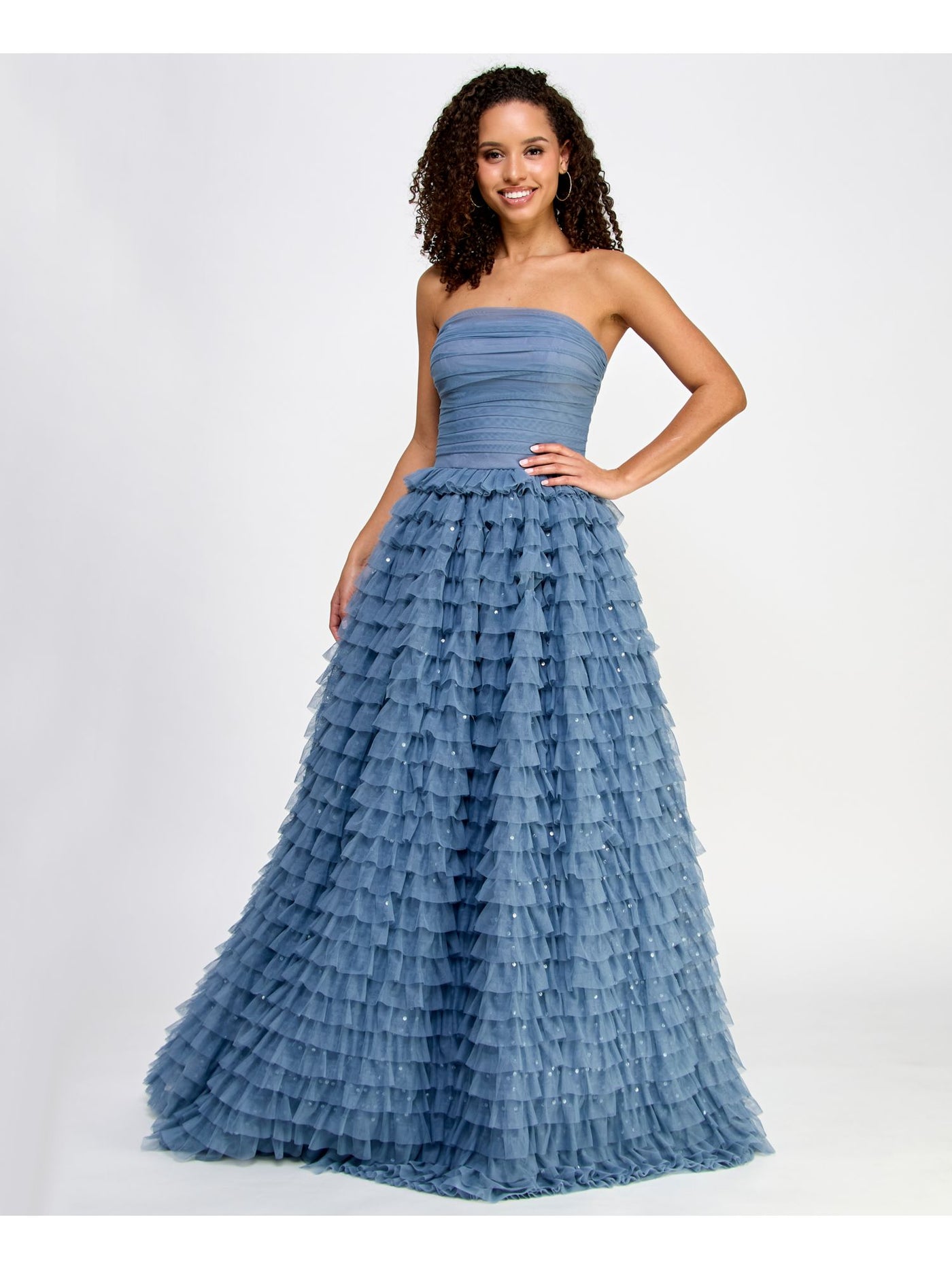 SAY YES TO THE PROM Womens Blue Sequined Zippered Lined Ruched Bodice Tiered Ruffl Sleeveless Strapless Full-Length Formal Gown Dress Juniors 1\2
