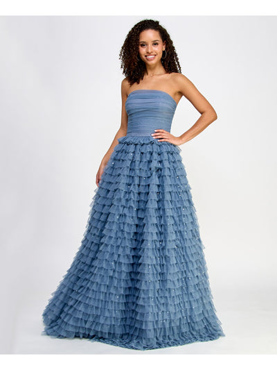 SAY YES TO THE PROM Womens Blue Sequined Zippered Lined Ruched Bodice Tiered Ruffl Sleeveless Strapless Full-Length Formal Gown Dress Juniors 1\2