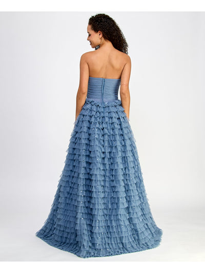 SAY YES TO THE PROM Womens Blue Sequined Zippered Lined Ruched Bodice Tiered Ruffl Sleeveless Strapless Full-Length Formal Gown Dress Juniors 1\2