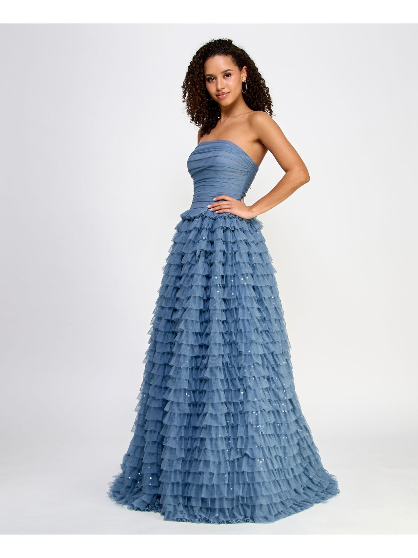 SAY YES TO THE PROM Womens Blue Sequined Zippered Lined Ruched Bodice Tiered Ruffl Sleeveless Strapless Full-Length Formal Gown Dress Juniors 11\12
