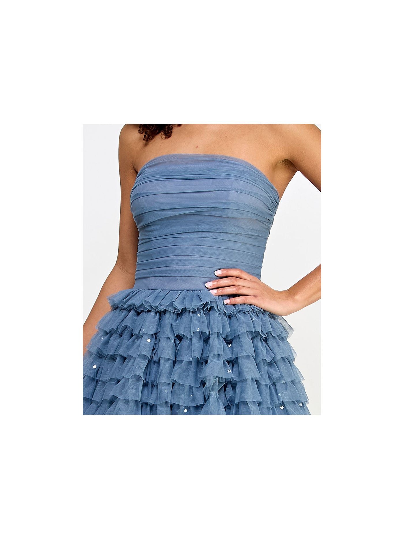 SAY YES TO THE PROM Womens Blue Sequined Zippered Lined Ruched Bodice Tiered Ruffl Sleeveless Strapless Full-Length Formal Gown Dress Juniors 1\2