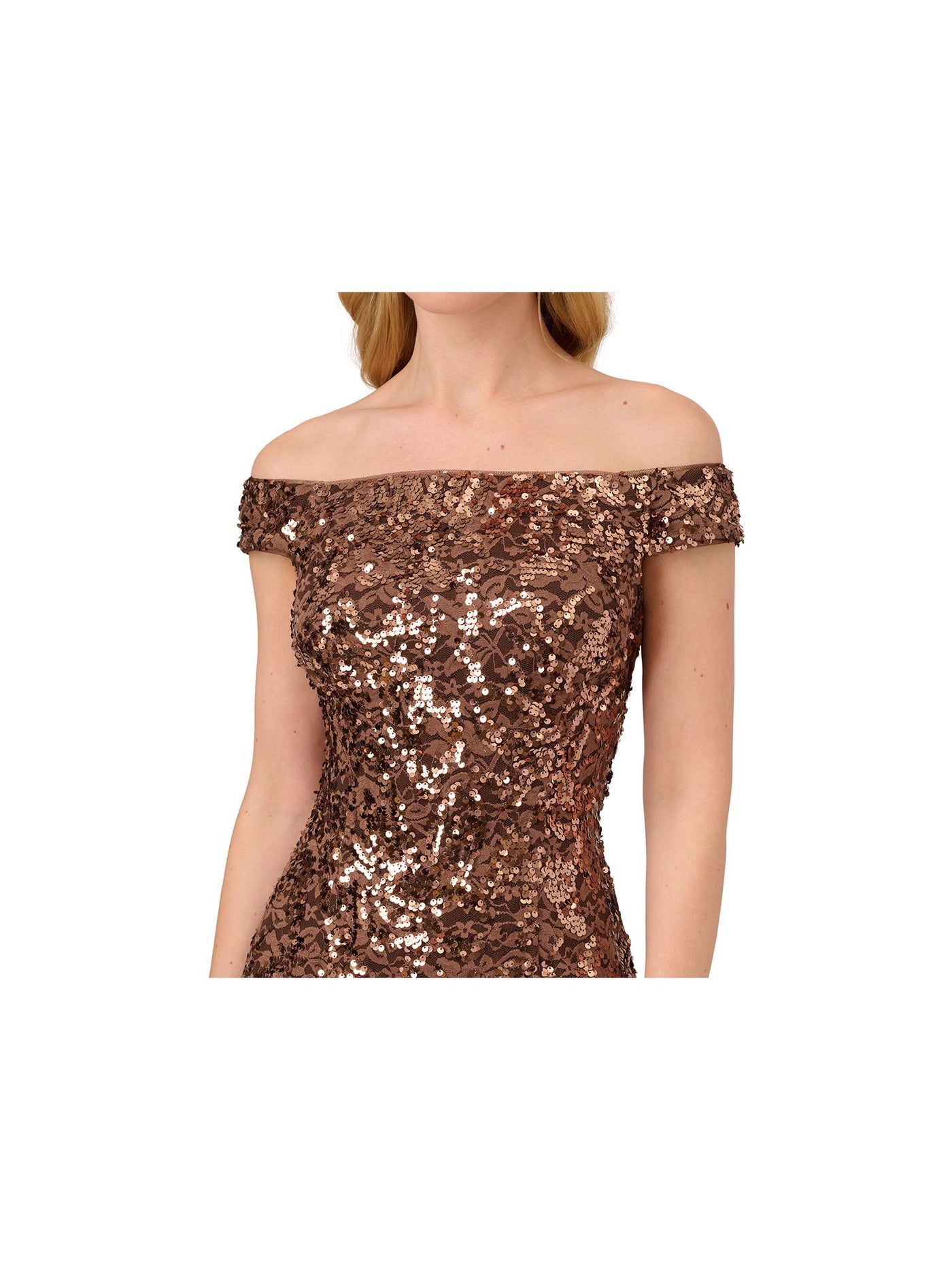 ADRIANNA PAPELL Womens Brown Zippered Lined Short Sleeve Off Shoulder Above The Knee Party Sheath Dress 4