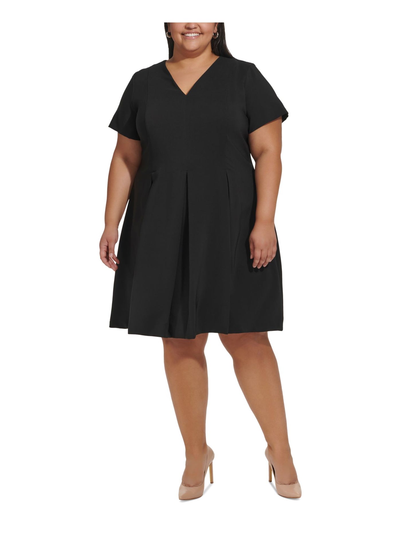 TOMMY HILFIGER Womens Black Zippered Pleated Short Sleeve V Neck Knee Length Fit + Flare Dress Plus 18W