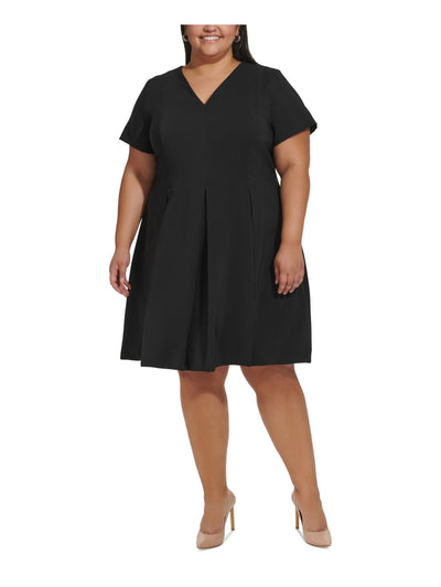 TOMMY HILFIGER Womens Black Zippered Pleated Short Sleeve V Neck Knee Length Fit + Flare Dress Plus 18W