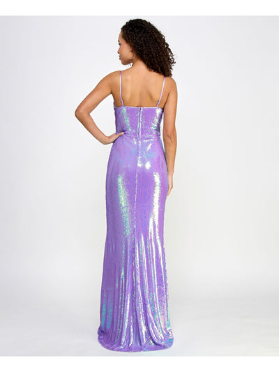 CRYSTAL DOLLS Womens Purple Zippered Lined High-slit Spaghetti Strap Scoop Neck Full-Length Prom Gown Dress Juniors 1