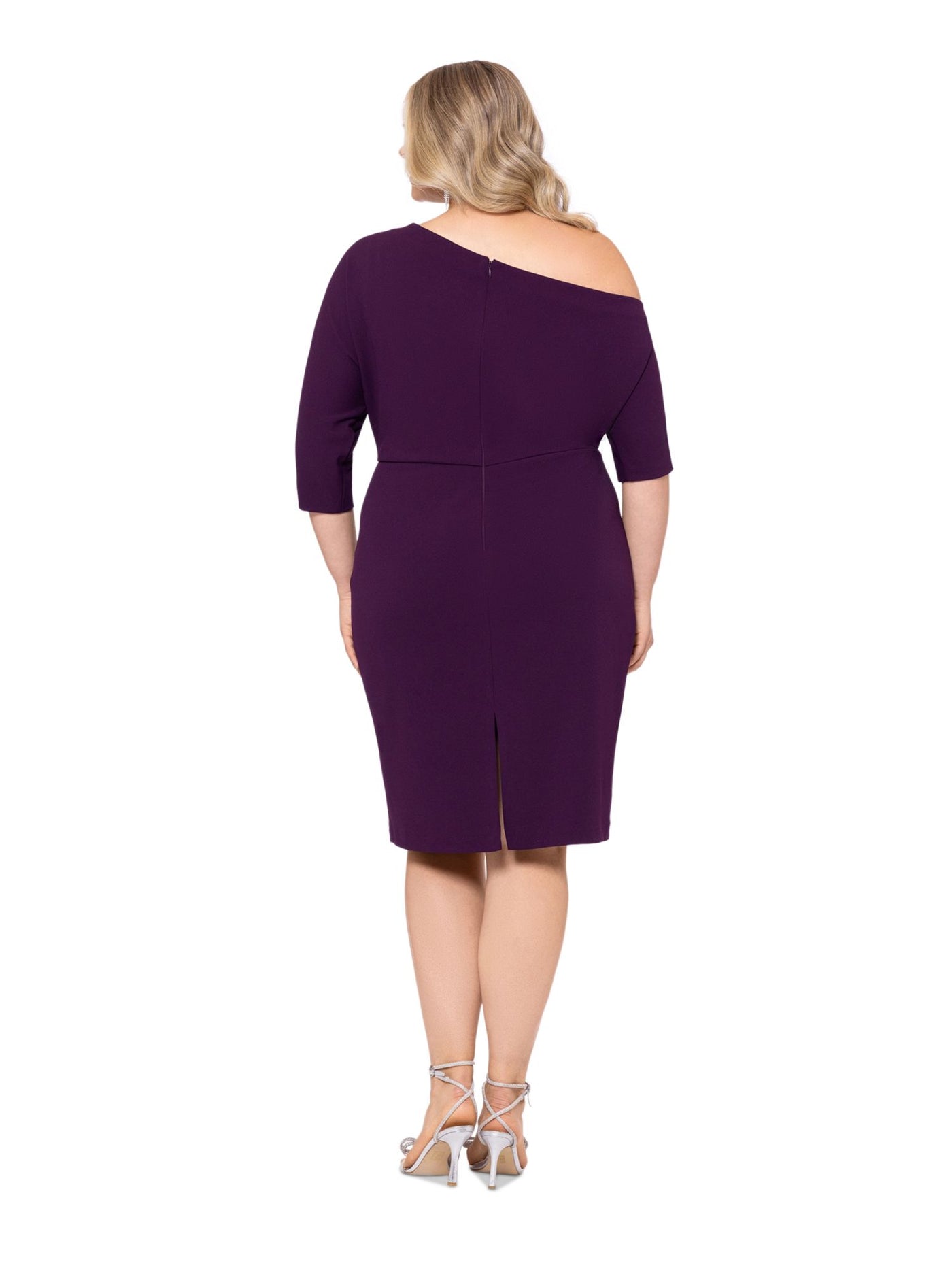 BETSY & ADAM Womens Purple Zippered Lined Slit Back Hem 3/4 Sleeve Asymmetrical Neckline Knee Length Party Sheath Dress Plus 20W