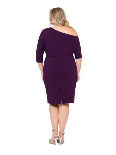 BETSY & ADAM Womens Purple Zippered Lined Slit Back Hem 3/4 Sleeve Asymmetrical Neckline Knee Length Party Sheath Dress Plus 22W