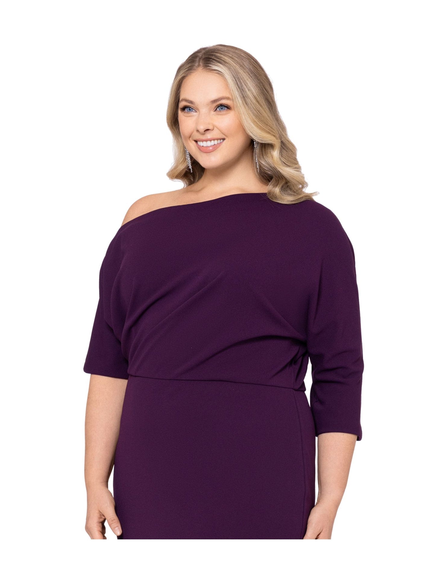 BETSY & ADAM Womens Purple Zippered Lined Slit Back Hem 3/4 Sleeve Asymmetrical Neckline Knee Length Party Sheath Dress Plus 22W