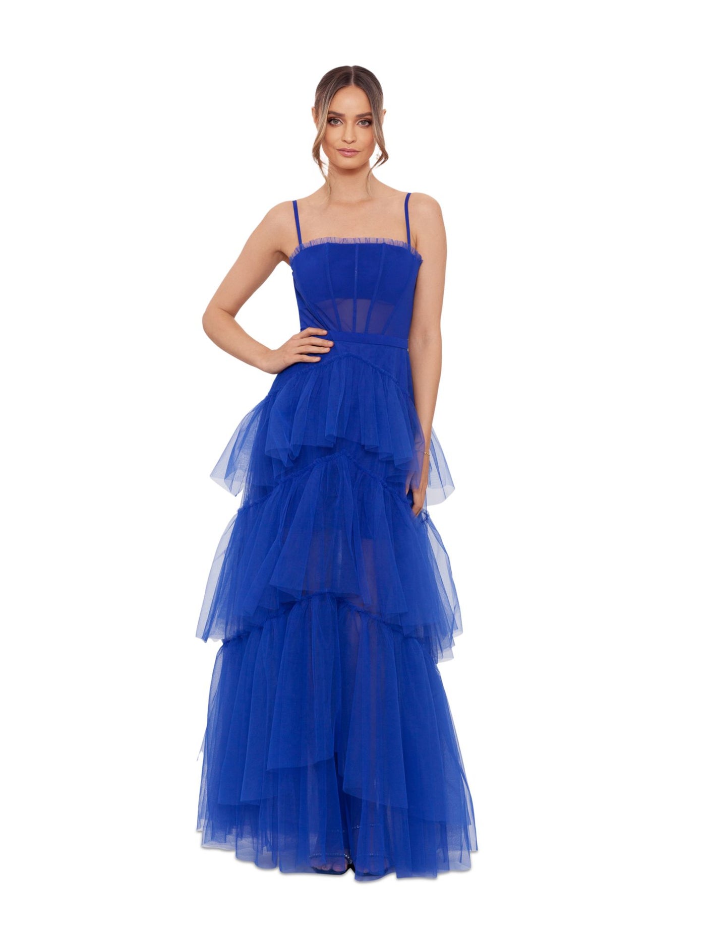 BETSY & ADAM Womens Blue Mesh Zippered Lined Corset-style Bodice Tiered Skirt Spaghetti Strap Square Neck Full-Length Prom Gown Dress 4