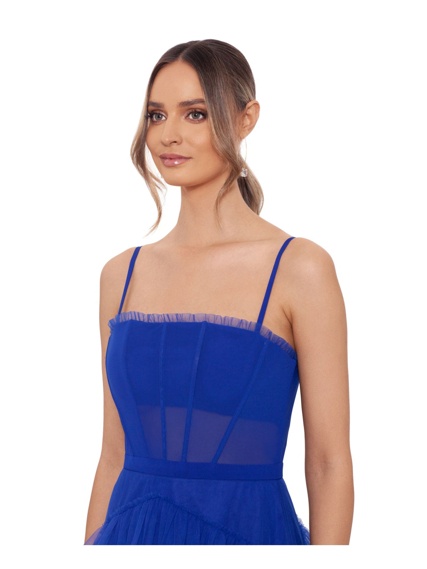 BETSY & ADAM Womens Blue Mesh Zippered Lined Corset-style Bodice Tiered Skirt Spaghetti Strap Square Neck Full-Length Prom Gown Dress Juniors 0