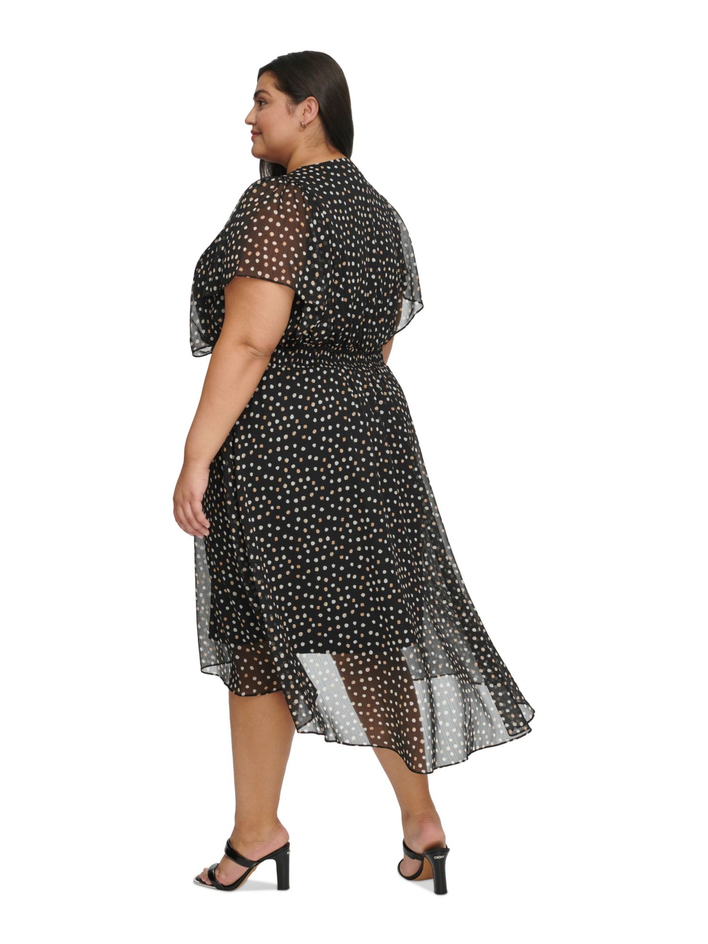 DKNY Womens Black Lined Smocked Waist Pullover Polka Dot Flutter Sleeve V Neck Midi Wear To Work Hi-Lo Dress Plus 20W