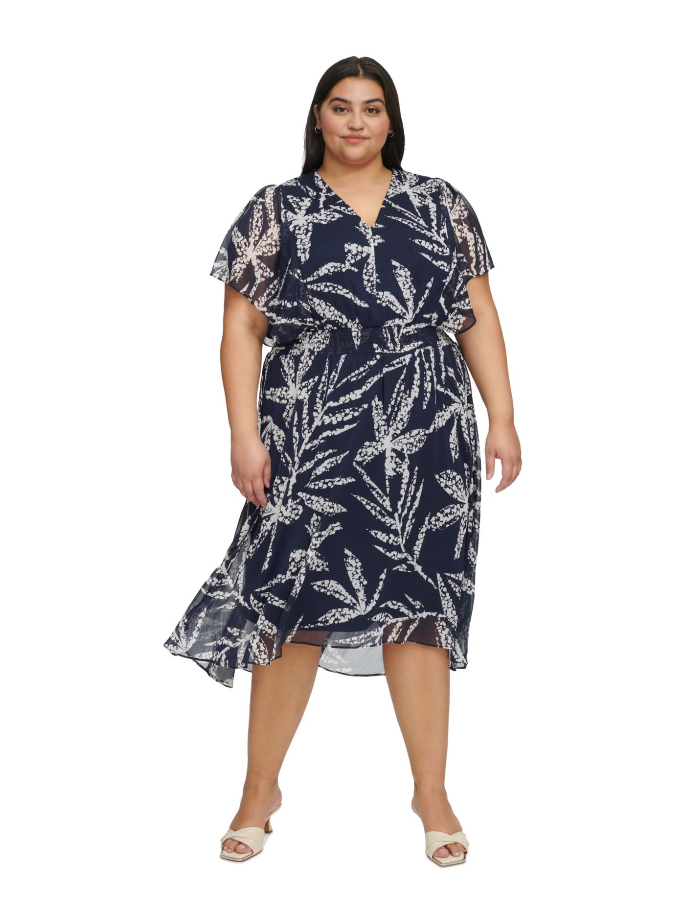 DKNY Womens Navy Lined Smocked Waist Flutter Sleeve V Neck Midi Wear To Work Hi-Lo Dress Plus 18W