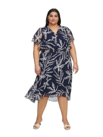 DKNY Womens Navy Lined Smocked Waist Flutter Sleeve V Neck Midi Wear To Work Hi-Lo Dress Plus 18W
