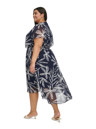 DKNY Womens Navy Lined Smocked Waist Flutter Sleeve V Neck Midi Wear To Work Hi-Lo Dress Plus 18W