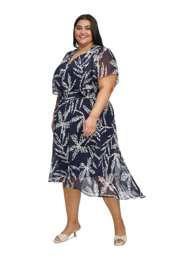 DKNY Womens Navy Lined Smocked Waist Flutter Sleeve V Neck Midi Wear To Work Hi-Lo Dress Plus 18W