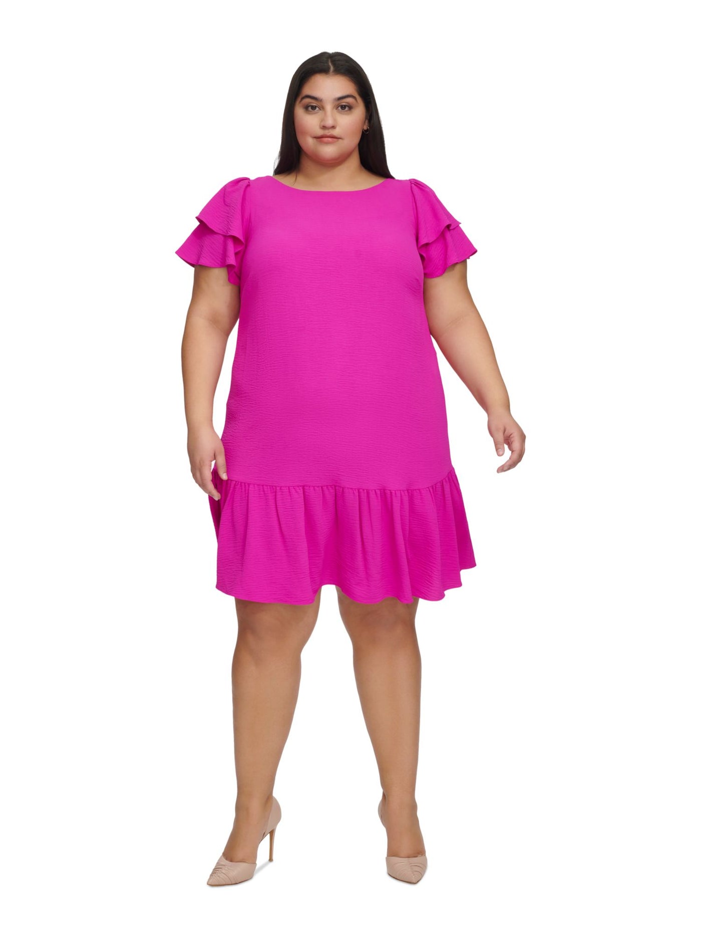 DKNY Womens Pink Ruffled Zippered Flounce Hem Flutter Sleeve Boat Neck Above The Knee Wear To Work Shift Dress Plus 14W