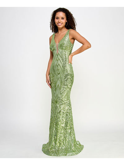 MORGAN & CO Womens Green Sequined Lined Zippered Illusion Neckline Sleeveless V Neck Full-Length Formal Gown Dress Juniors 1