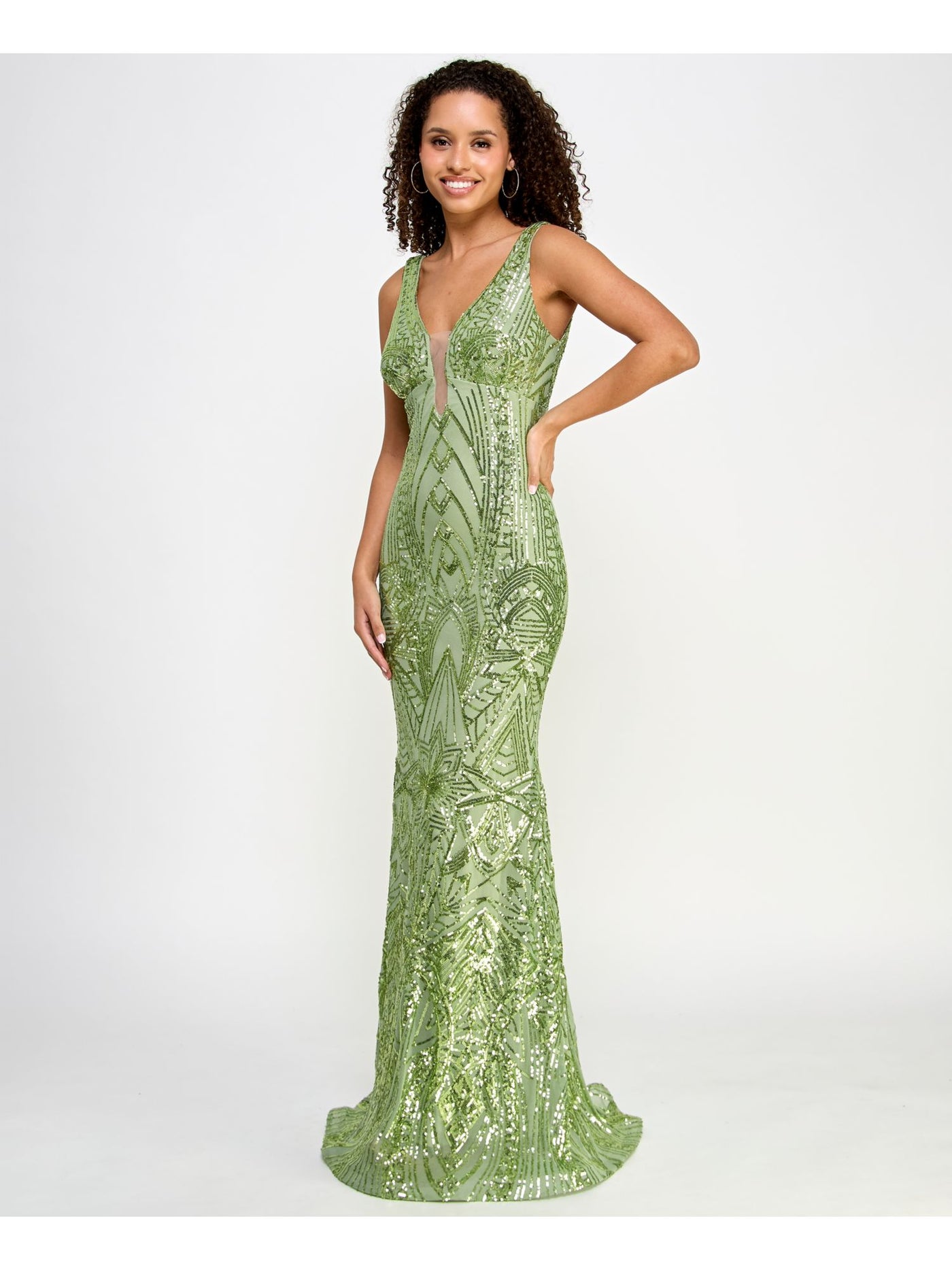 MORGAN & CO Womens Green Sequined Lined Zippered Illusion Neckline Sleeveless V Neck Full-Length Formal Gown Dress Juniors 5