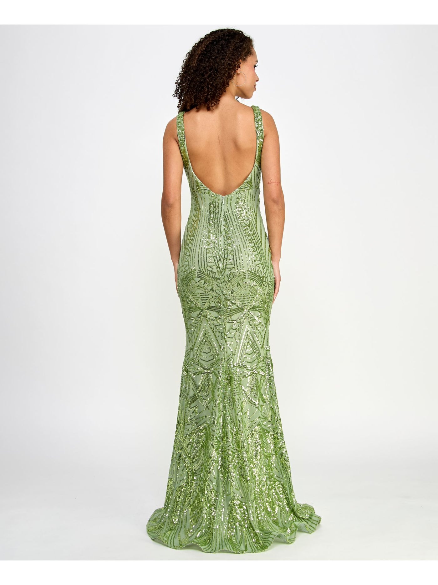 MORGAN & CO Womens Green Sequined Lined Zippered Illusion Neckline Sleeveless V Neck Full-Length Formal Gown Dress Juniors 1