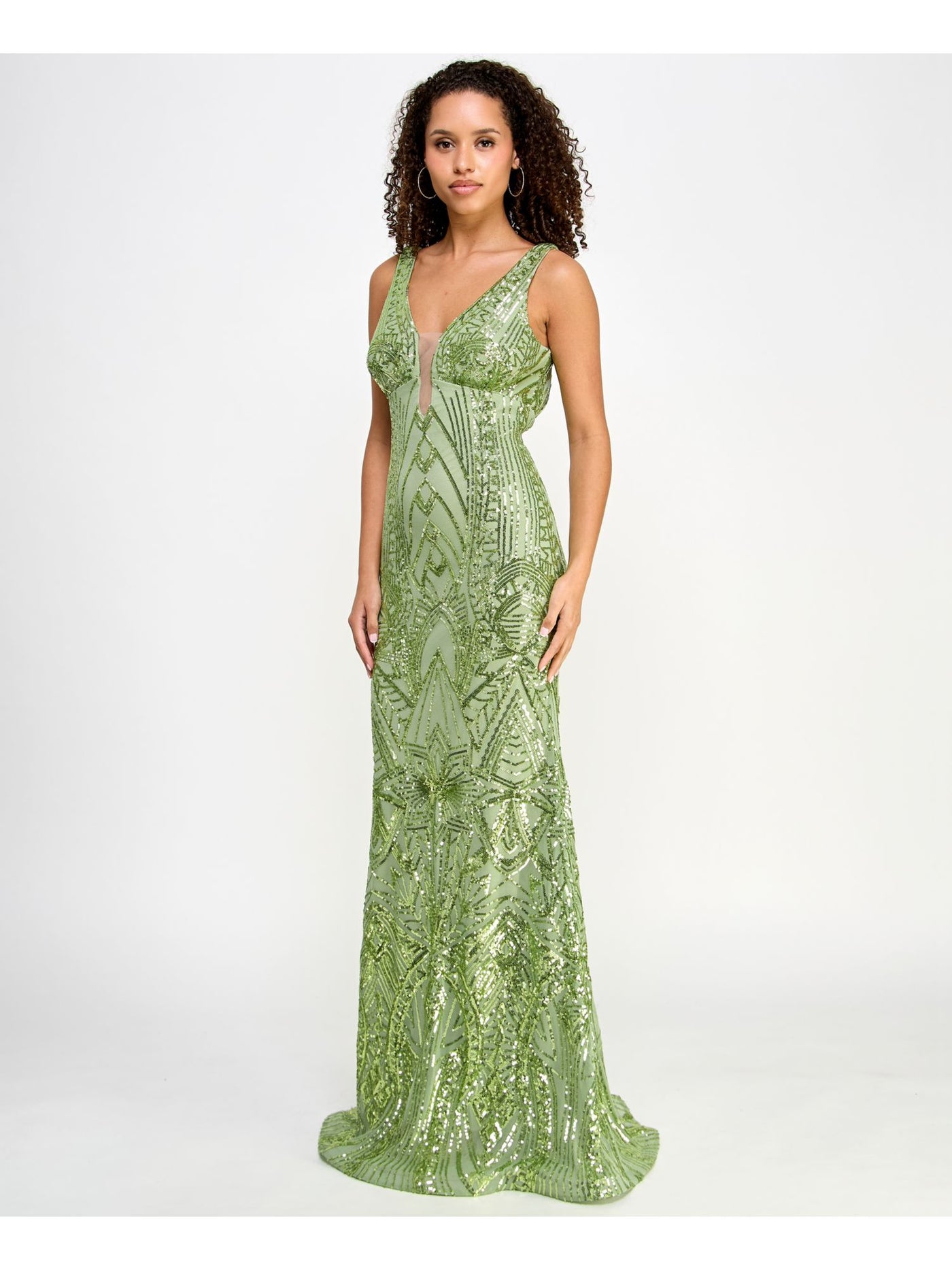 MORGAN & CO Womens Green Sequined Lined Zippered Illusion Neckline Sleeveless V Neck Full-Length Formal Gown Dress Juniors 3