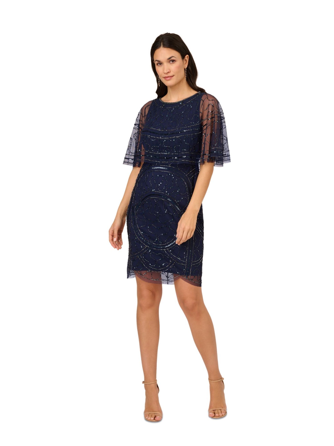 PAPELL STUDIO Womens Navy Zippered Scalloped Lined Embellished Capelet Overla Short Sleeve Round Neck Above The Knee Cocktail Sheath Dress 2
