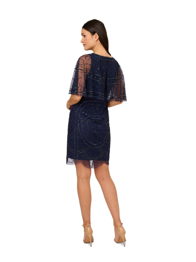 PAPELL STUDIO Womens Navy Zippered Scalloped Lined Embellished Capelet Overla Short Sleeve Round Neck Above The Knee Cocktail Sheath Dress 2
