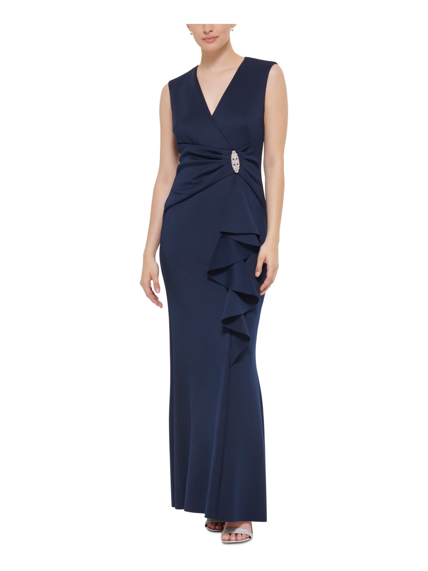 JESSICA HOWARD Womens Navy Embellished Zippered Gathered Cascade Ruffle Slitted Sleeveless Surplice Neckline Full-Length Evening Mermaid Dress 6