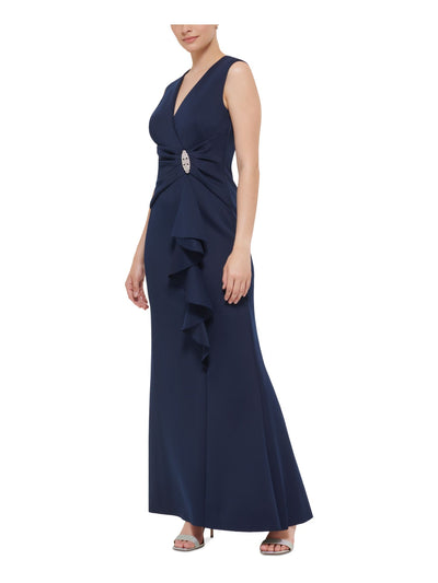 JESSICA HOWARD Womens Navy Embellished Zippered Gathered Cascade Ruffle Slitted Sleeveless Surplice Neckline Full-Length Evening Mermaid Dress 6