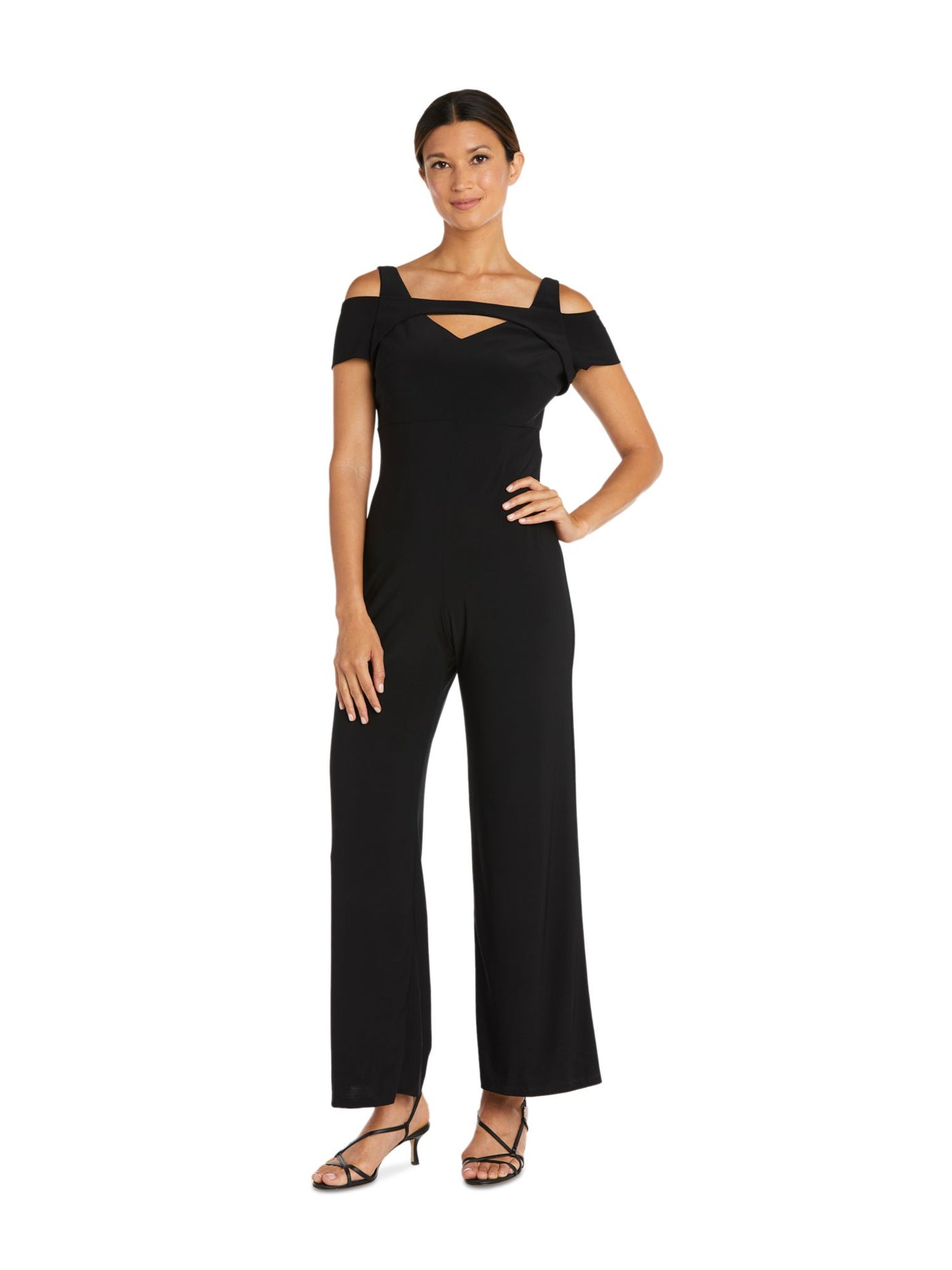 R&M RICHARDS Womens Black Cold Shoulder Zippered Cutout Neckline Short Sleeve Party Wide Leg Jumpsuit Petites 4P