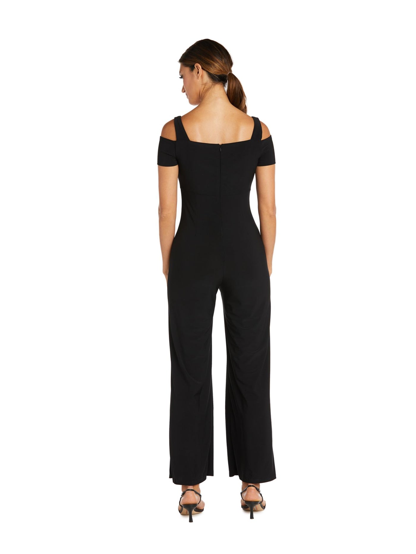 R&M RICHARDS Womens Black Cold Shoulder Zippered Cutout Neckline Short Sleeve Party Wide Leg Jumpsuit Petites 4P