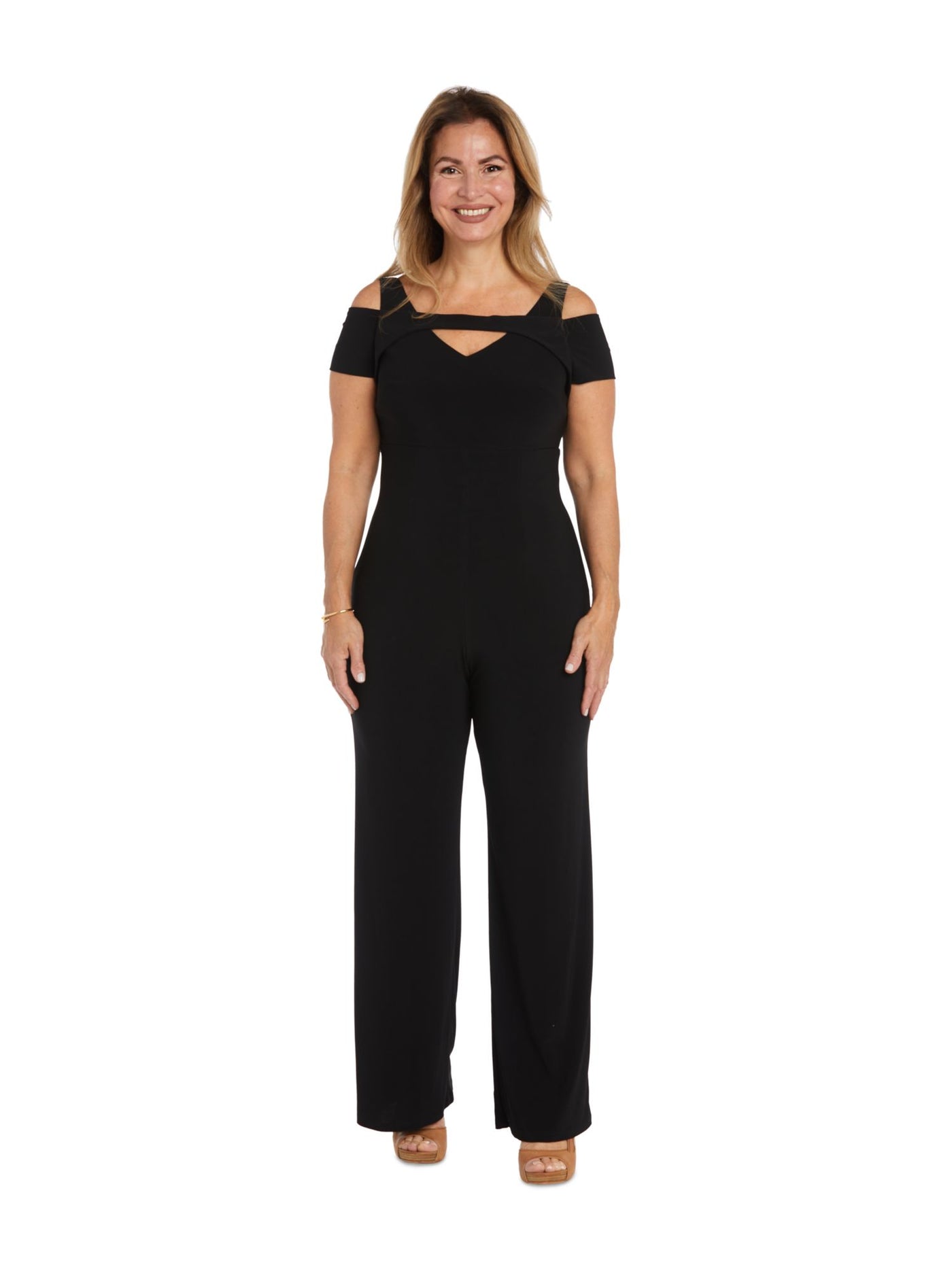 R&M RICHARDS Womens Black Cold Shoulder Zippered Cutout Neckline Short Sleeve Party Wide Leg Jumpsuit Plus 18W