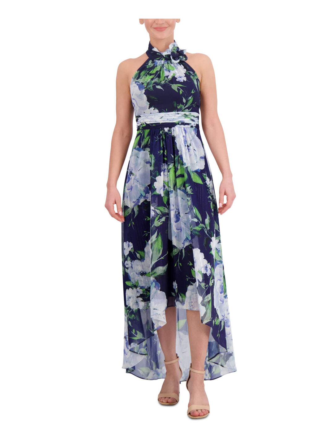 Eliza J Womens Floral Metallic Halter Dress Navy 2