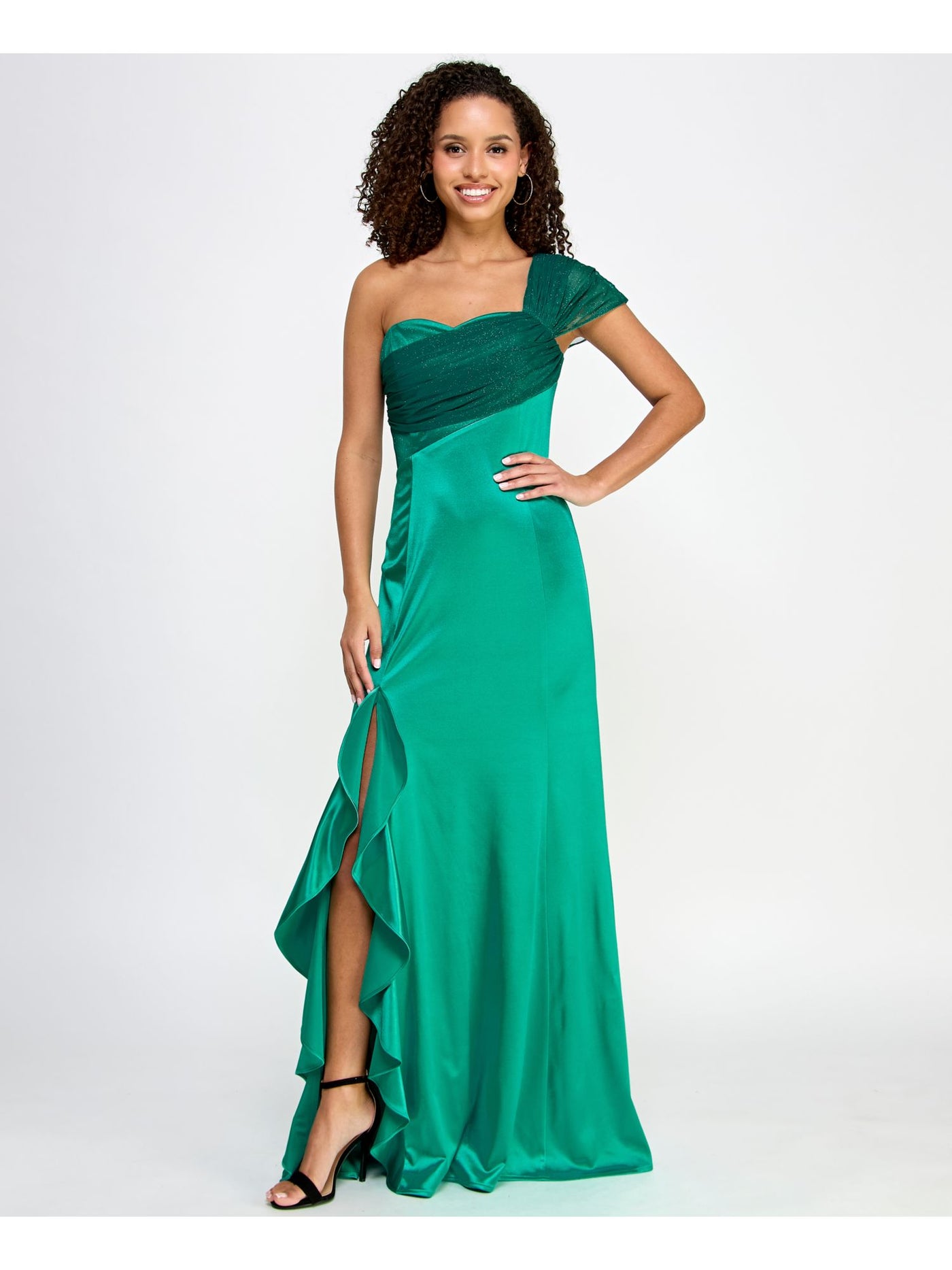 VIOLET WEEKEND Womens Green Zippered Unlined Ruffled Slit Mesh Sash Glitter Sleeveless Asymmetrical Neckline Full-Length Formal Gown Dress Juniors 7\8