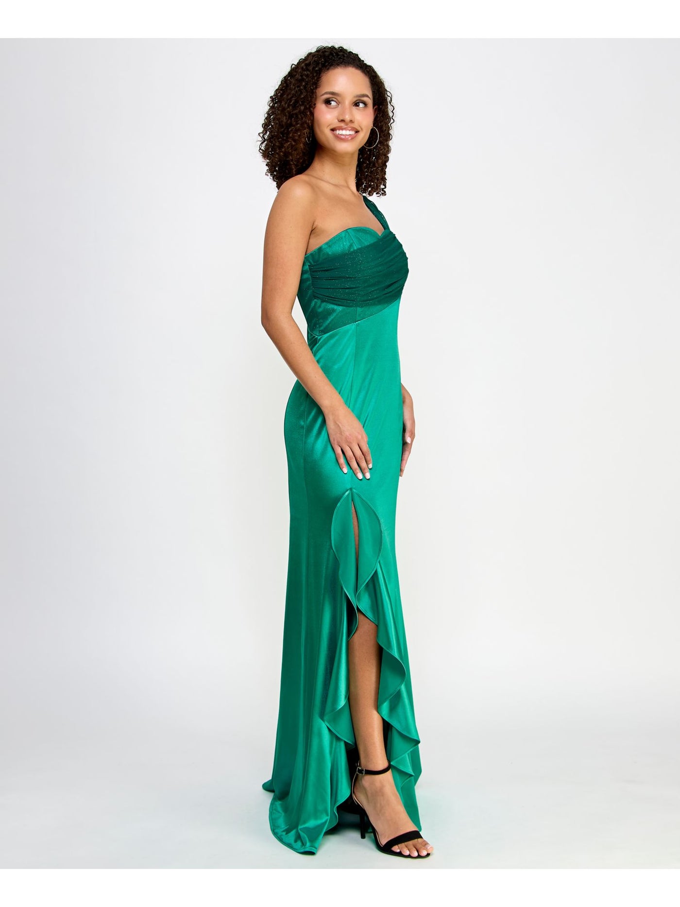 VIOLET WEEKEND Womens Green Zippered Unlined Ruffled Slit Mesh Sash Glitter Sleeveless Asymmetrical Neckline Full-Length Formal Gown Dress Juniors 9\10