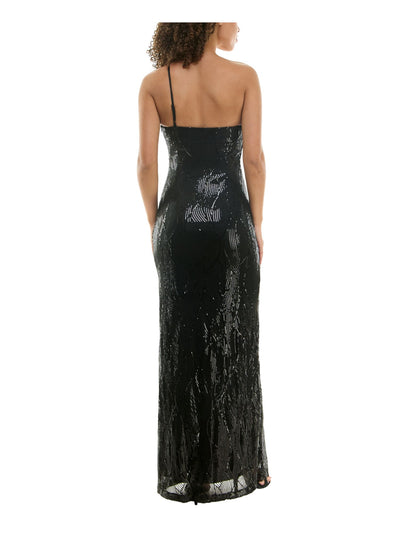 VIOLET WEEKEND Womens Black Sequined Slitted Rosset Accent Zippered Lined Spaghetti Strap Asymmetrical Neckline Full-Length Formal Gown Dress 1\2