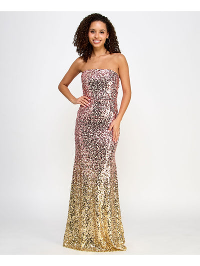 VIOLET WEEKEND Womens Pink Zippered Sequined Lined Open Back With Buckle And Ombre Sleeveless Strapless Full-Length Formal Gown Dress Juniors 15\16
