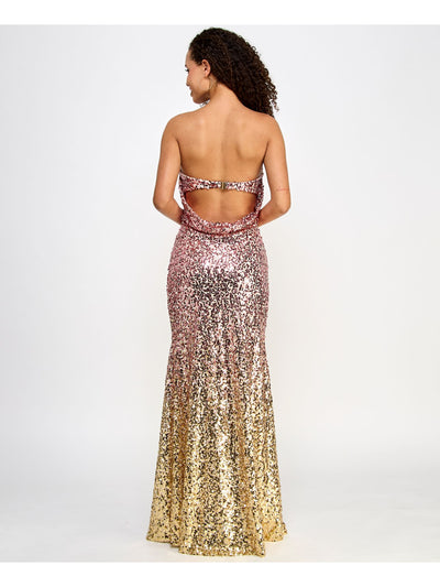 VIOLET WEEKEND Womens Pink Zippered Sequined Lined Open Back With Buckle And Ombre Sleeveless Strapless Full-Length Formal Gown Dress Juniors 13\14